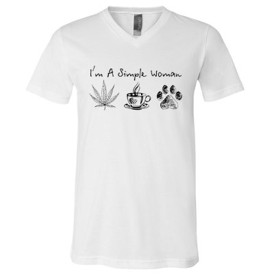 I’m A Simple Woman Weed Coffee Dog Animal Fur Paw Print V-Neck T-Shirt