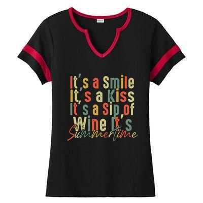 It's A Smile It's A Kiss It's A Sip Of Wine It's Summertime Ladies Halftime Notch Neck Tee