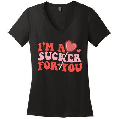 I'm A Sucker For You Happy Valentine's Groovy Retro Couple Women's V-Neck T-Shirt