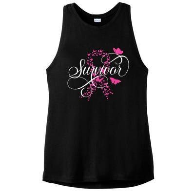 Im A Survivor Pink Butterfly Ribbon Breast Cancer Awareness Ladies PosiCharge Tri-Blend Wicking Tank