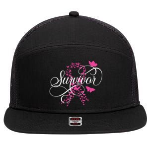 Im A Survivor Pink Butterfly Ribbon Breast Cancer Awareness 7 Panel Mesh Trucker Snapback Hat