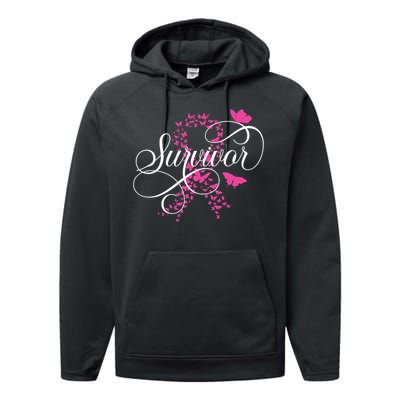 Im A Survivor Pink Butterfly Ribbon Breast Cancer Awareness Performance Fleece Hoodie