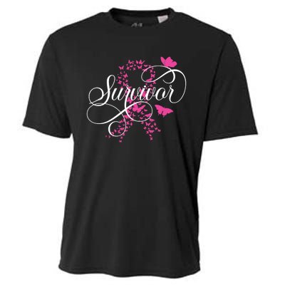 Im A Survivor Pink Butterfly Ribbon Breast Cancer Awareness Cooling Performance Crew T-Shirt