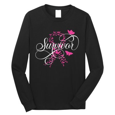 Im A Survivor Pink Butterfly Ribbon Breast Cancer Awareness Long Sleeve Shirt