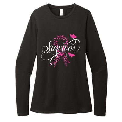 Im A Survivor Pink Butterfly Ribbon Breast Cancer Awareness Womens CVC Long Sleeve Shirt