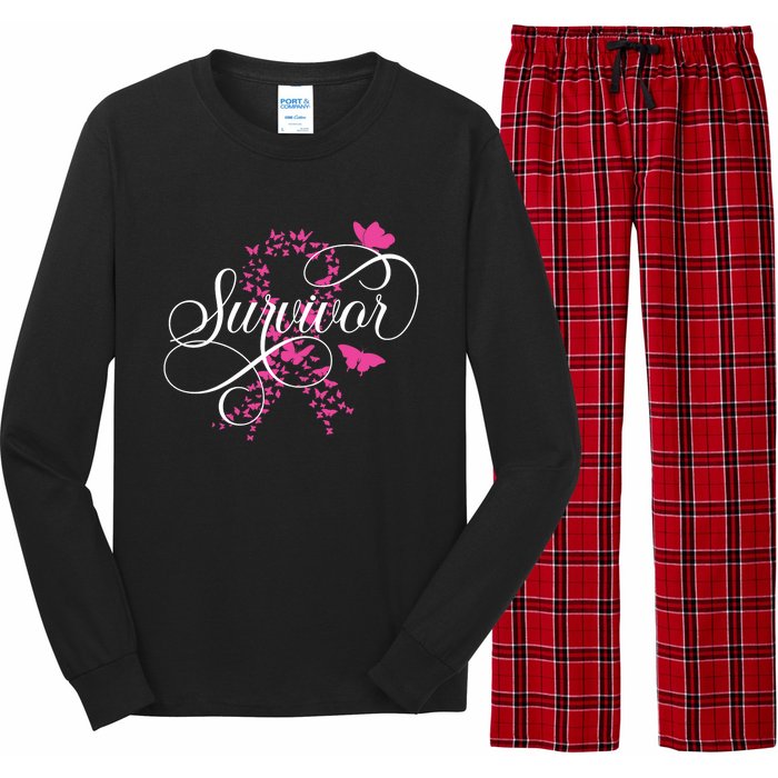 Im A Survivor Pink Butterfly Ribbon Breast Cancer Awareness Long Sleeve Pajama Set