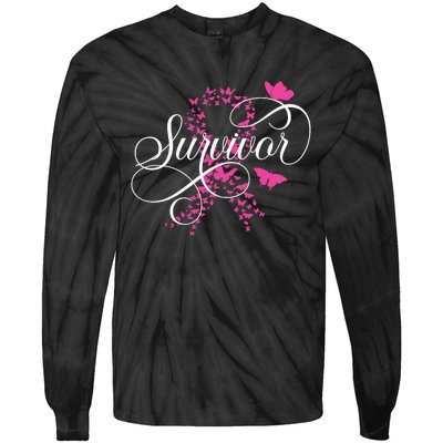 Im A Survivor Pink Butterfly Ribbon Breast Cancer Awareness Tie-Dye Long Sleeve Shirt