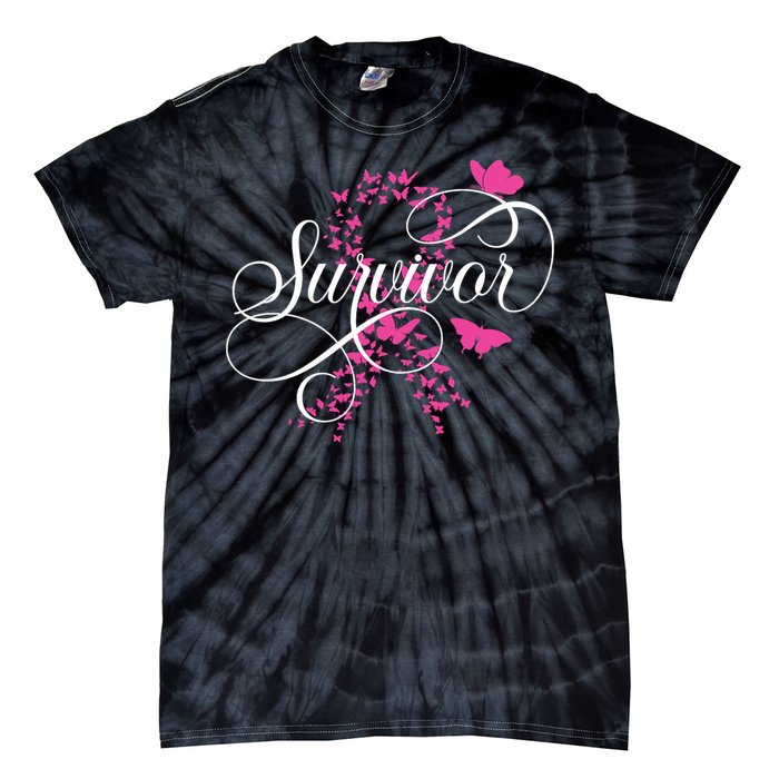 Im A Survivor Pink Butterfly Ribbon Breast Cancer Awareness Tie-Dye T-Shirt