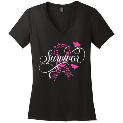 Im A Survivor Pink Butterfly Ribbon Breast Cancer Awareness Women's V-Neck T-Shirt