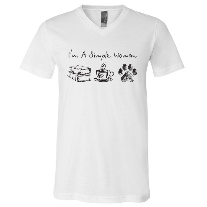 Im A Simple Woman Books Coffee Dog Animal Fur Paw Print V-Neck T-Shirt