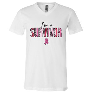 Im A Survivor Leopard Retro Breast Cancer Awareness V-Neck T-Shirt