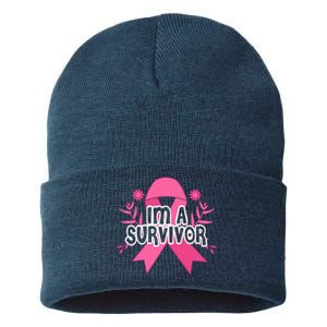 Im A Survivor Breast Cancer Awareness Ribbon Sustainable Knit Beanie