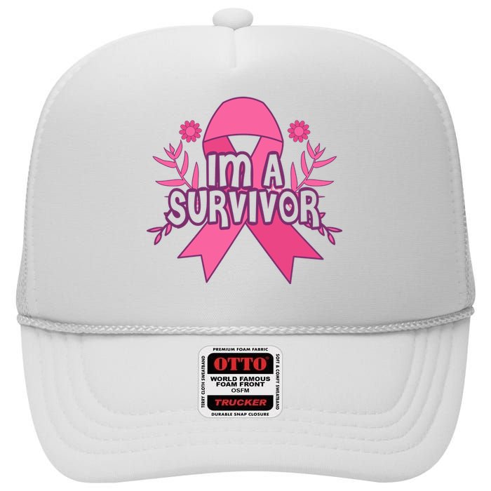 Im A Survivor Breast Cancer Awareness Ribbon High Crown Mesh Back Trucker Hat