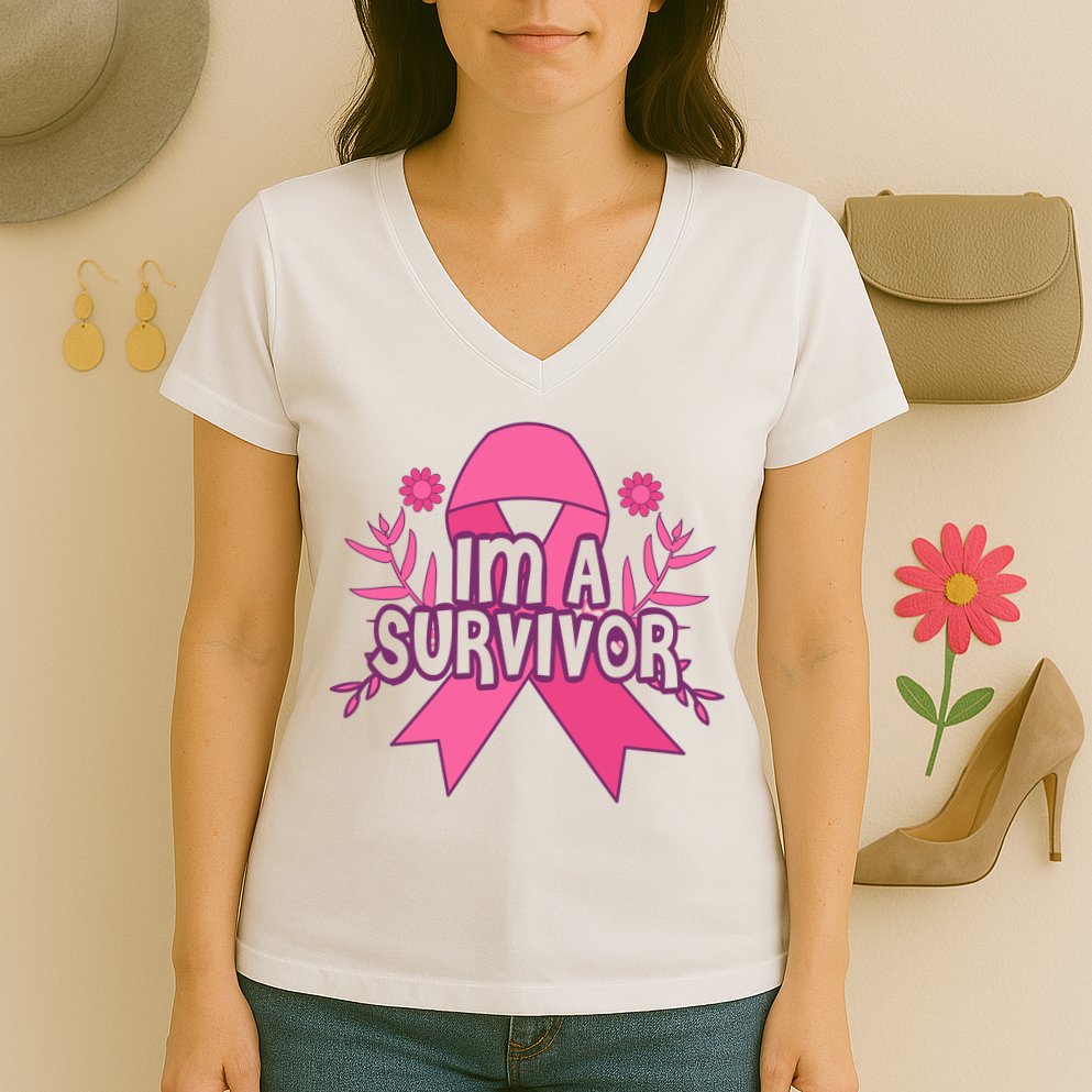Im A Survivor Breast Cancer Awareness Ribbon Women's V-Neck T-Shirt