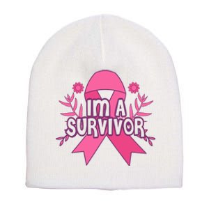 Im A Survivor Breast Cancer Awareness Ribbon Short Acrylic Beanie