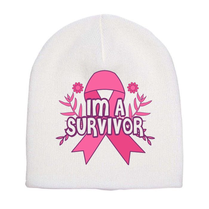 Im A Survivor Breast Cancer Awareness Ribbon Short Acrylic Beanie