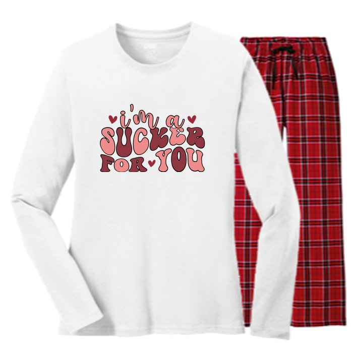 I'm A Sucker For You Retro Valentine's Day Gift Women's Long Sleeve Flannel Pajama Set 