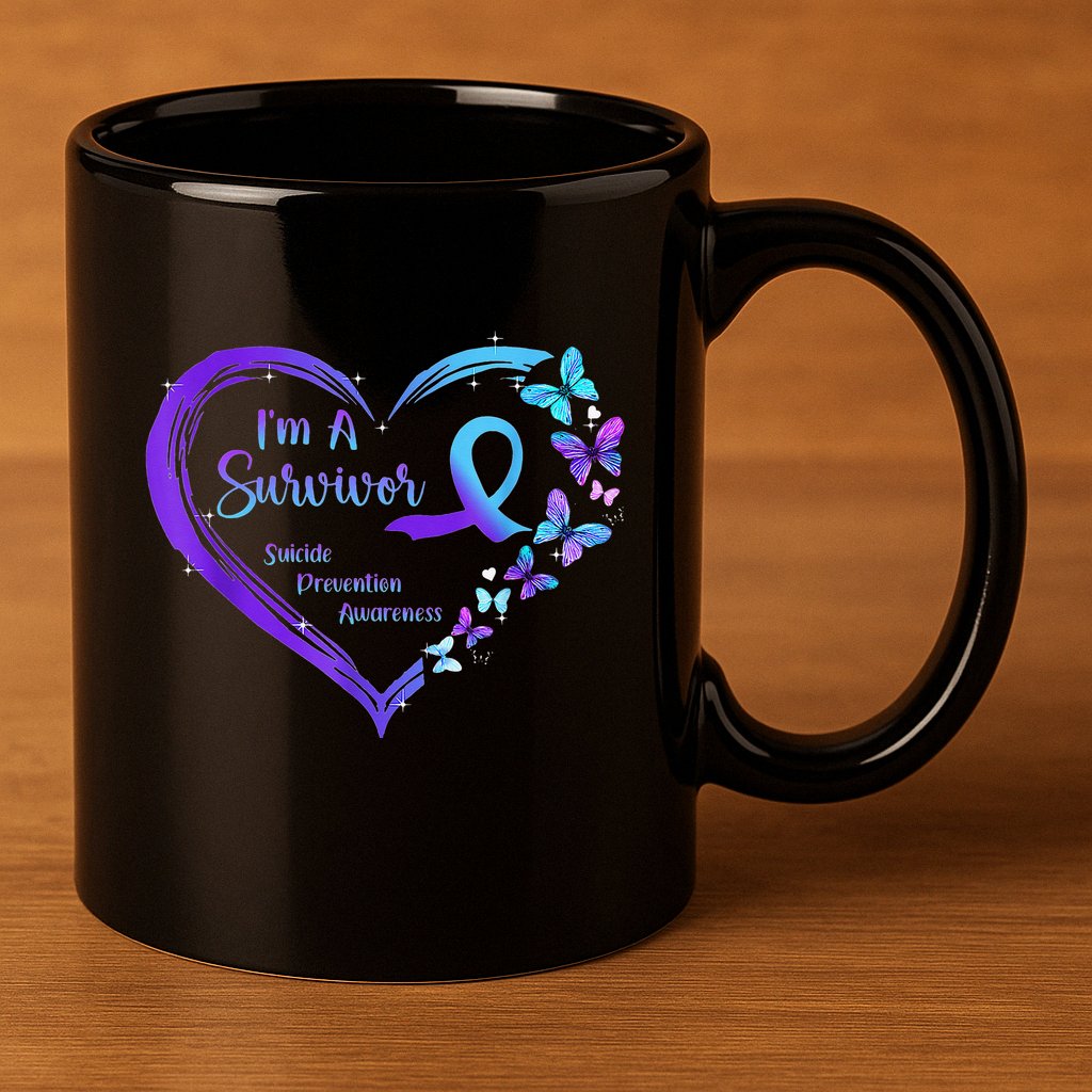I'm A Survivor Butterfly Heart Suicide Prevention Awareness 11oz C Handle Ceramic Mug