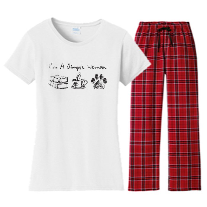 Im A Simple Woman Books Coffee Dog Animal Fur Paw Print Women's Flannel Pajama Set