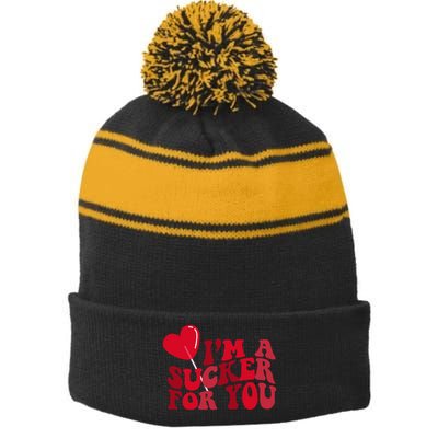 Im A Sucker For You Valentines Day Gift Retro Stripe Pom Pom Beanie