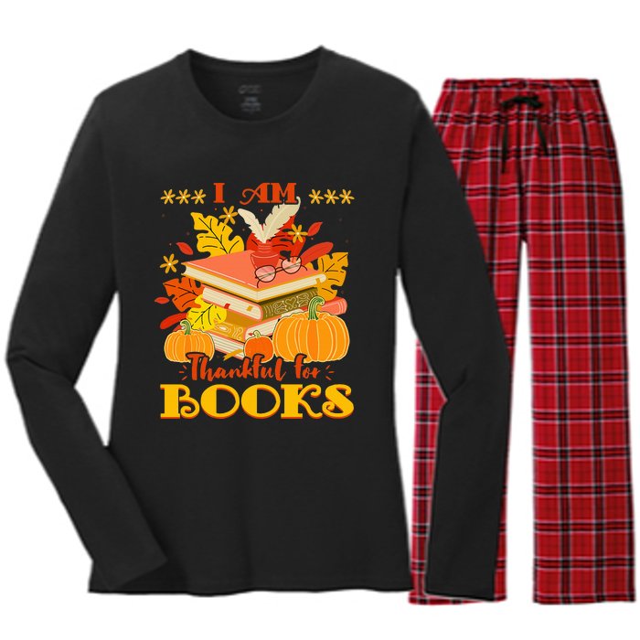 I Am Thankful For Books Fall Librarian Funny Thanksgiving Women's Long Sleeve Flannel Pajama Set 