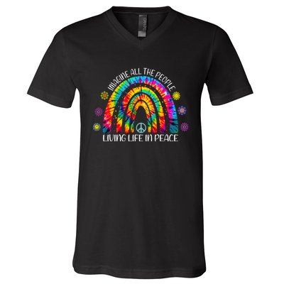 Imagine All The People Living Life In Peace Rainbow V-Neck T-Shirt