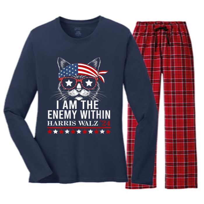 I Am The Enemy Within Harris Walz 2024 Usa Voting Cat Lovers Women's Long Sleeve Flannel Pajama Set 