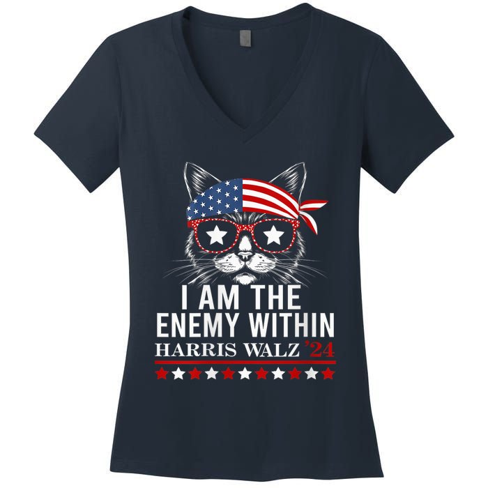 I Am The Enemy Within Harris Walz 2024 Usa Voting Cat Lovers Women's V-Neck T-Shirt