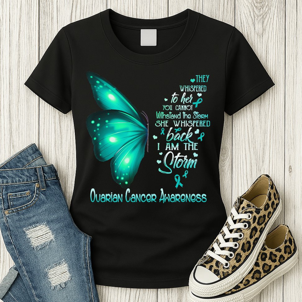I Am The Storm Ovarian Cancer Awareness Butterfly Womens T-Shirt