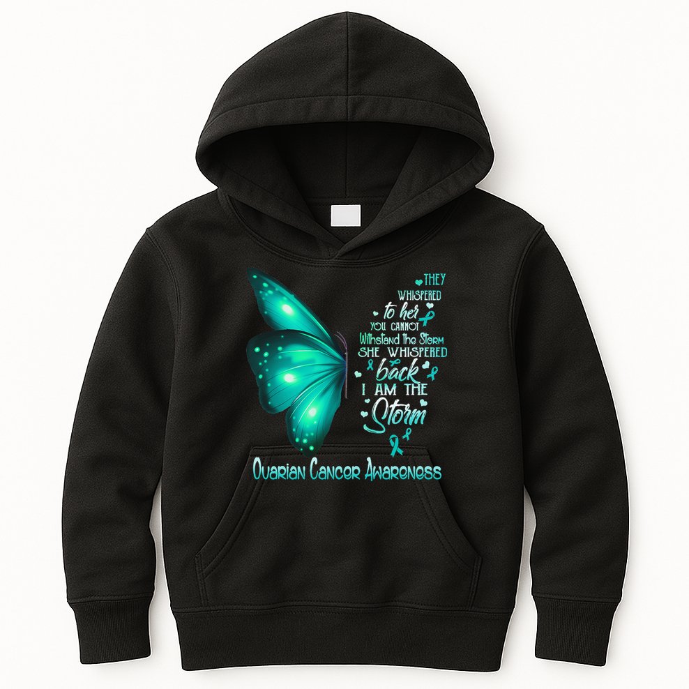 I Am The Storm Ovarian Cancer Awareness Butterfly Kids Hoodie