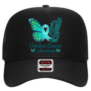 I Am The Storm Ovarian Cancer Awareness Teal Butterfly High Crown Mesh Back Trucker Hat