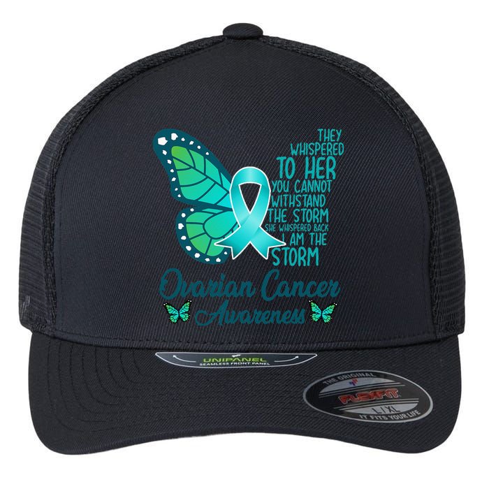 I Am The Storm Ovarian Cancer Awareness Teal Butterfly Flexfit Unipanel Trucker Cap