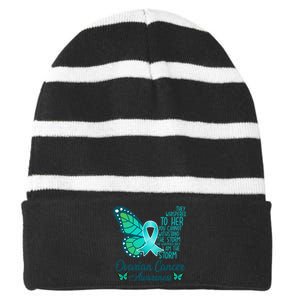 I Am The Storm Ovarian Cancer Awareness Teal Butterfly Striped Beanie with Solid Band