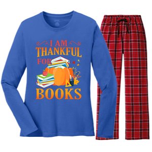 I Am Thankful For Books Librarian Happy Thanksgiving Day Great Gift Women's Long Sleeve Flannel Pajama Set 