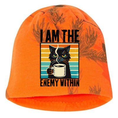 I Am The Enemy Within Pun Kamala Harris Vintage Coffee Cat Kati - Camo Knit Beanie