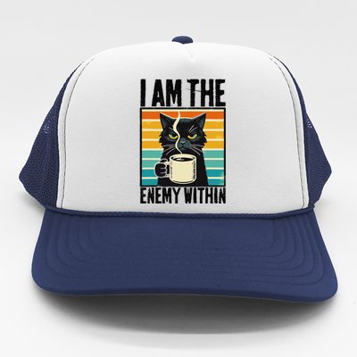 I Am The Enemy Within Pun Kamala Harris Vintage Coffee Cat Trucker Hat