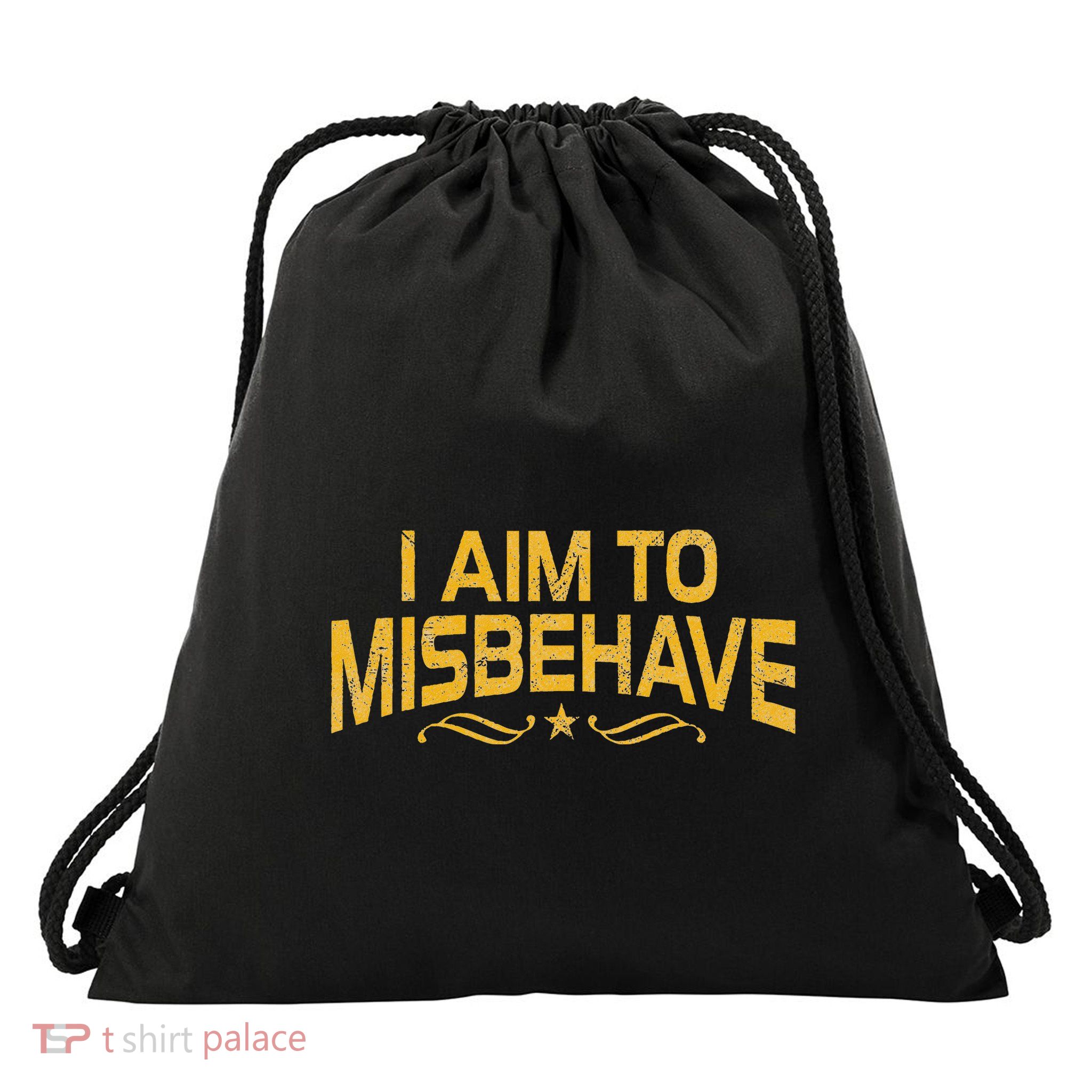 I Aim To Misbehave Drawstring Bag