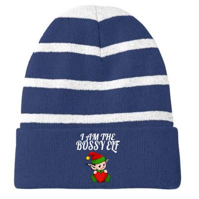 I Am The Bossy Elf Christmas Striped Beanie with Solid Band