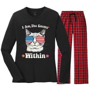 I Am The Enemy Within Cat Kamala Harris 2024 Groovy Kitty Women's Long Sleeve Flannel Pajama Set 