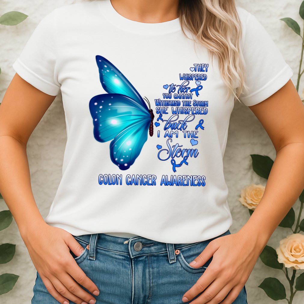 I Am The Storm Colon Cancer Awareness Butterfly Womens T-Shirt