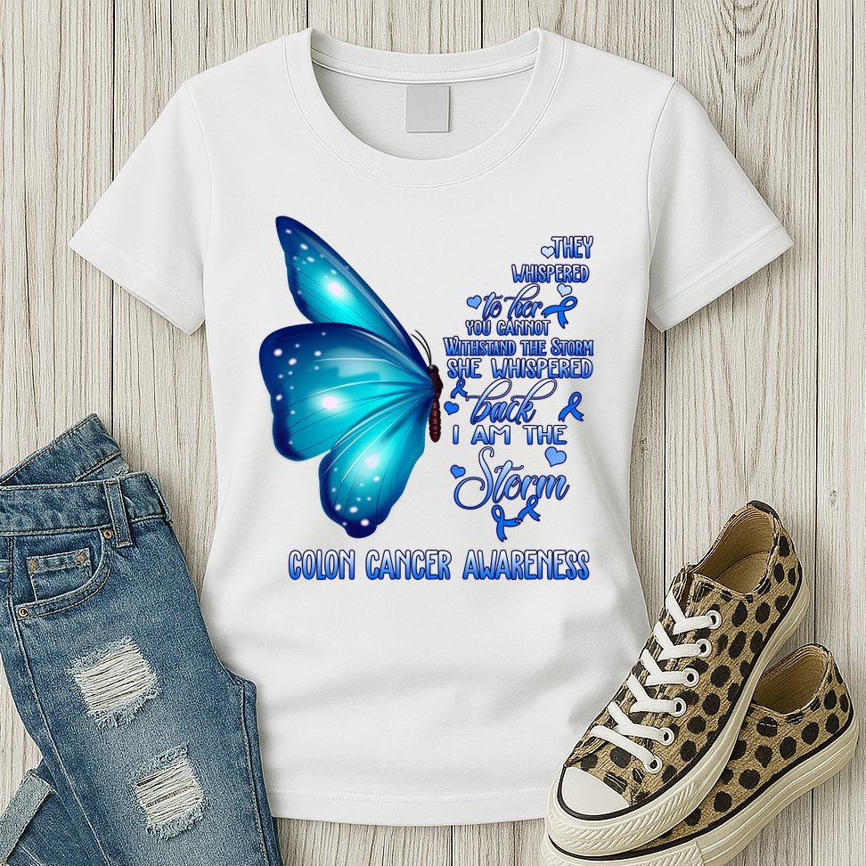 I Am The Storm Colon Cancer Awareness Butterfly Womens T-Shirt