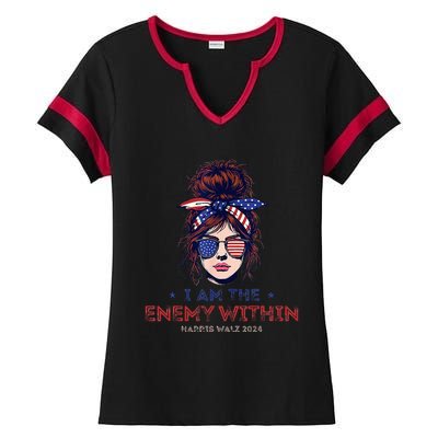 I Am The Enemy Within Harris Walz 2024 Mesy Bun Ladies Halftime Notch Neck Tee