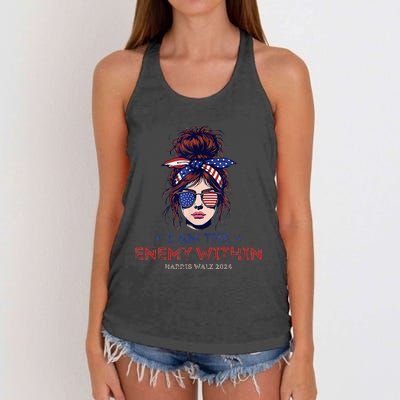 I Am The Enemy Within Harris Walz 2024 Mesy Bun Women's Knotted Racerback Tank