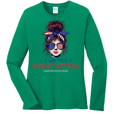 I Am The Enemy Within Harris Walz 2024 Mesy Bun Ladies Long Sleeve Shirt