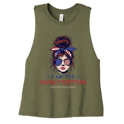 I Am The Enemy Within Harris Walz 2024 Mesy Bun Women's Racerback Cropped Tank