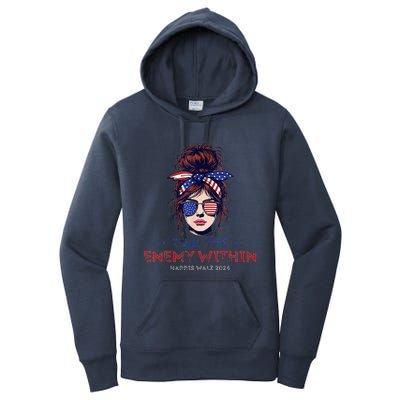 I Am The Enemy Within Harris Walz 2024 Mesy Bun Women's Pullover Hoodie