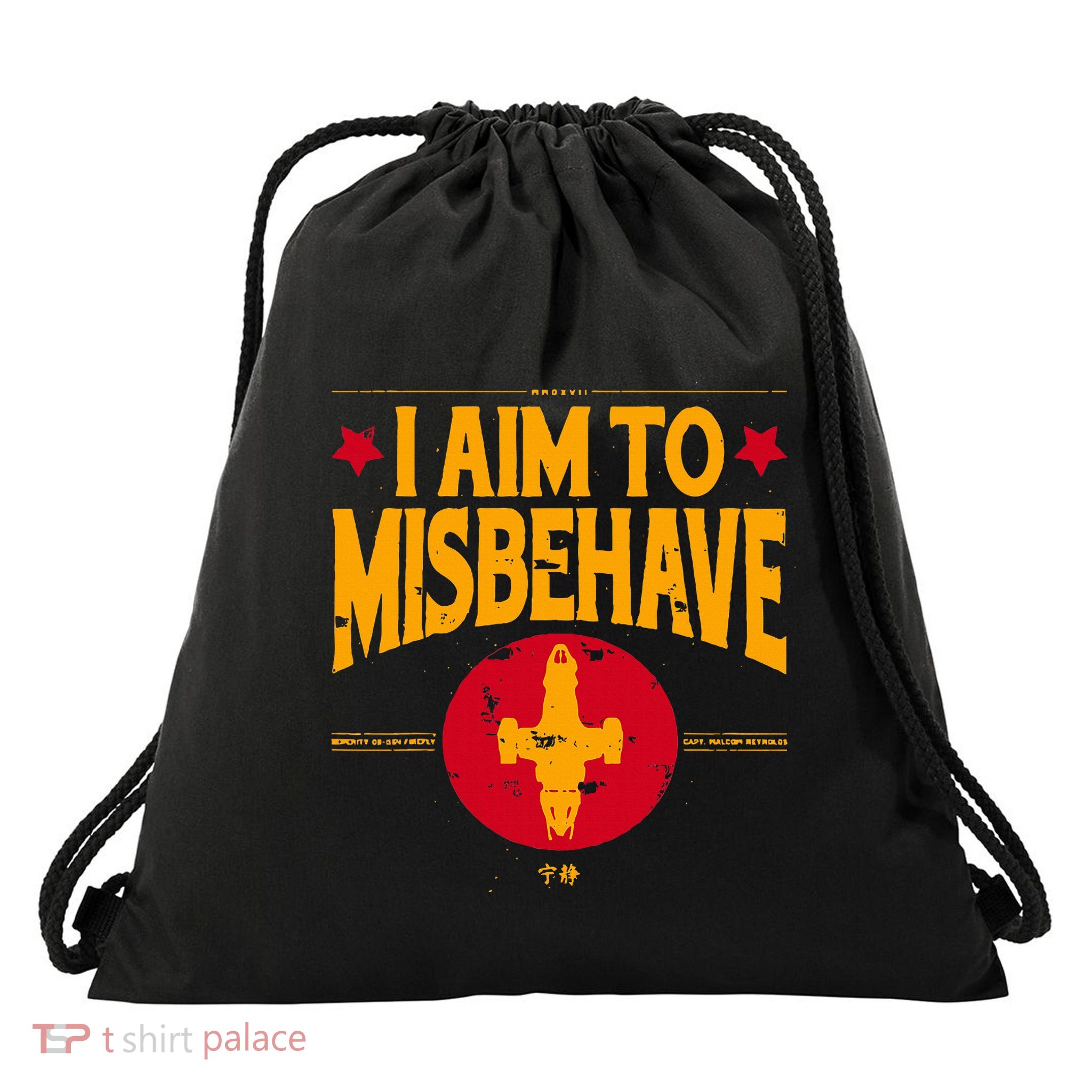 I Aim To Misbehave Apparel Drawstring Bag
