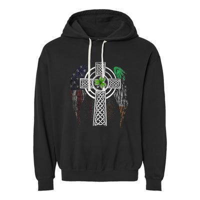 Irish American USA Flag Celtic Cross St Patricks Day Garment-Dyed Fleece Hoodie