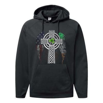 Irish American USA Flag Celtic Cross St Patricks Day Performance Fleece Hoodie