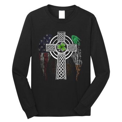 Irish American USA Flag Celtic Cross St Patricks Day Long Sleeve Shirt